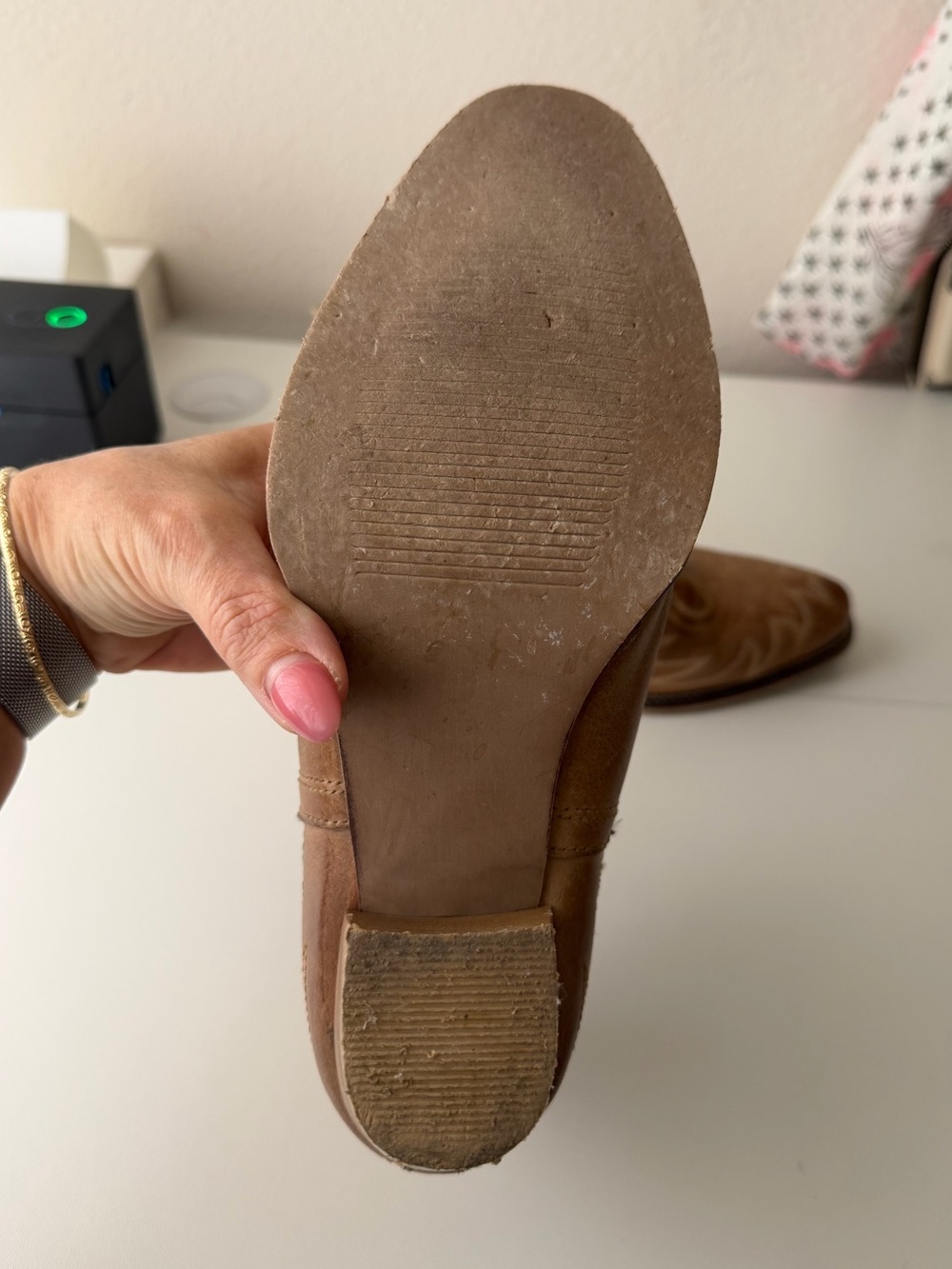 ROPER ROWDY ANKLE BOOTIE Tan Leather Block Heel Cut Out Western Embroidered 7.5 - Picture 7 of 8